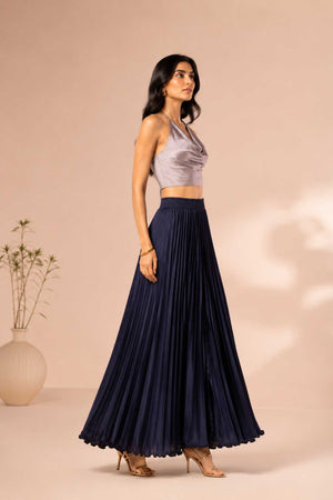 Navy Satin Silk Small Pleated - 344 Skirt
