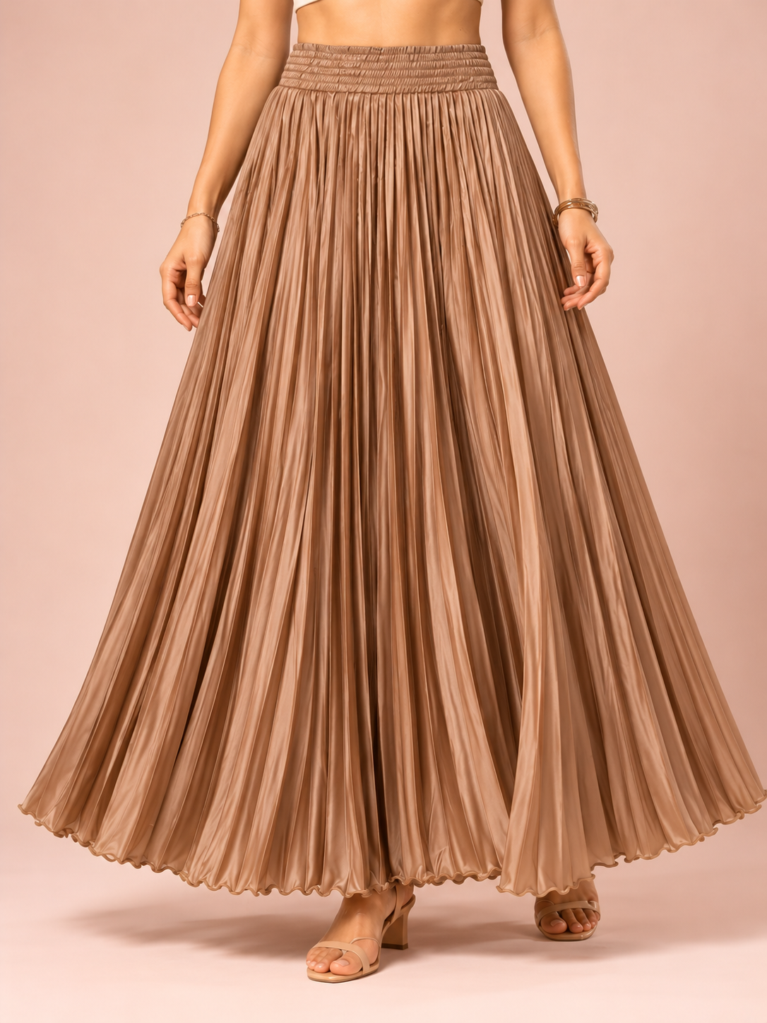 Coffee Satin Silk Small Pleated Skirt