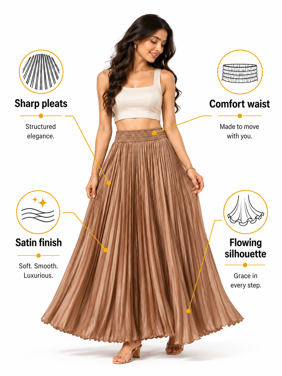 Coffee Satin Silk Small Pleated Skirt