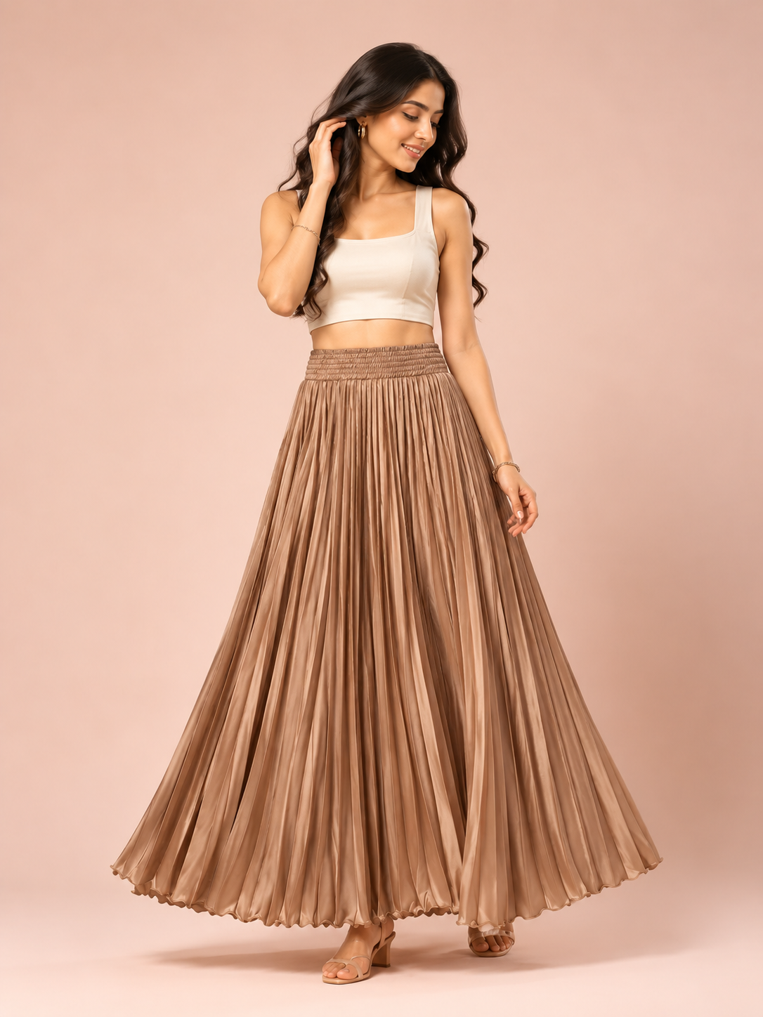 Coffee Satin Silk Small Pleated Skirt