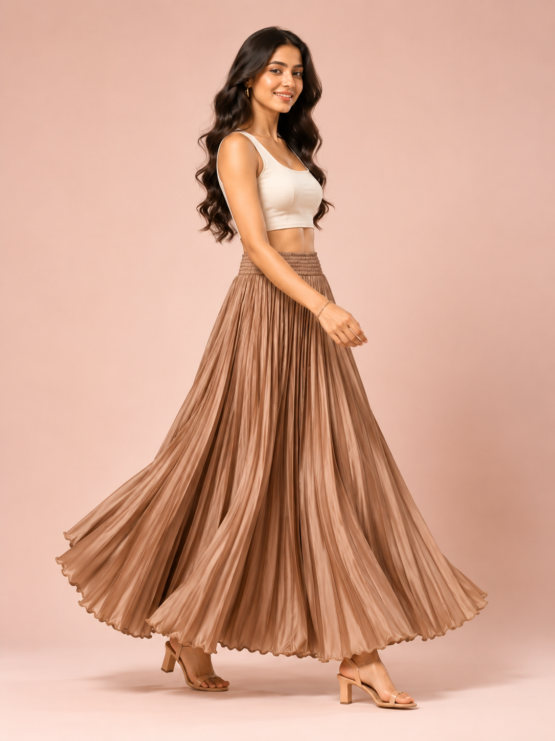 Coffee Satin Silk Small Pleated Skirt