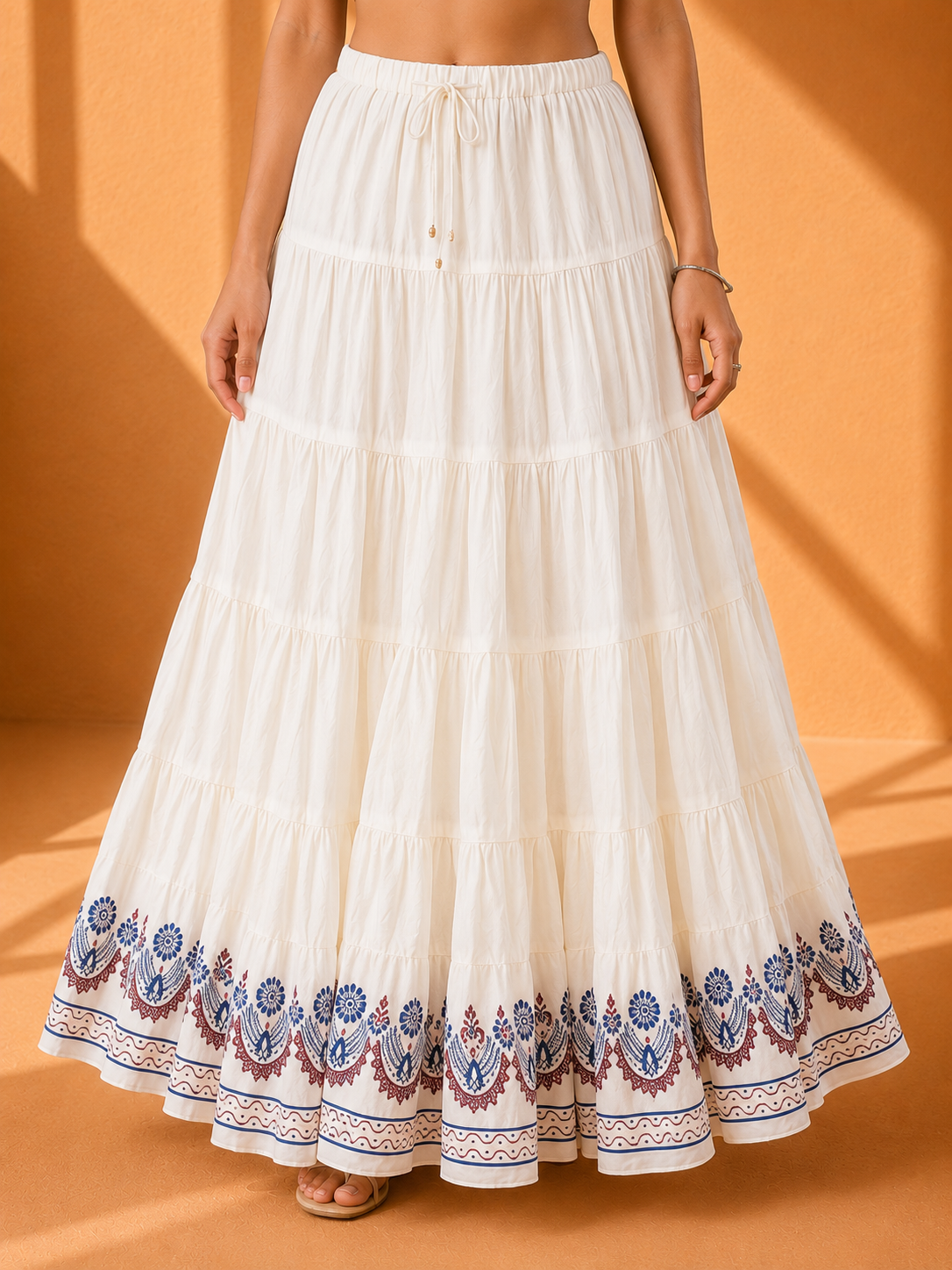 Cream Block Print 20Mtr Cotton Skirt