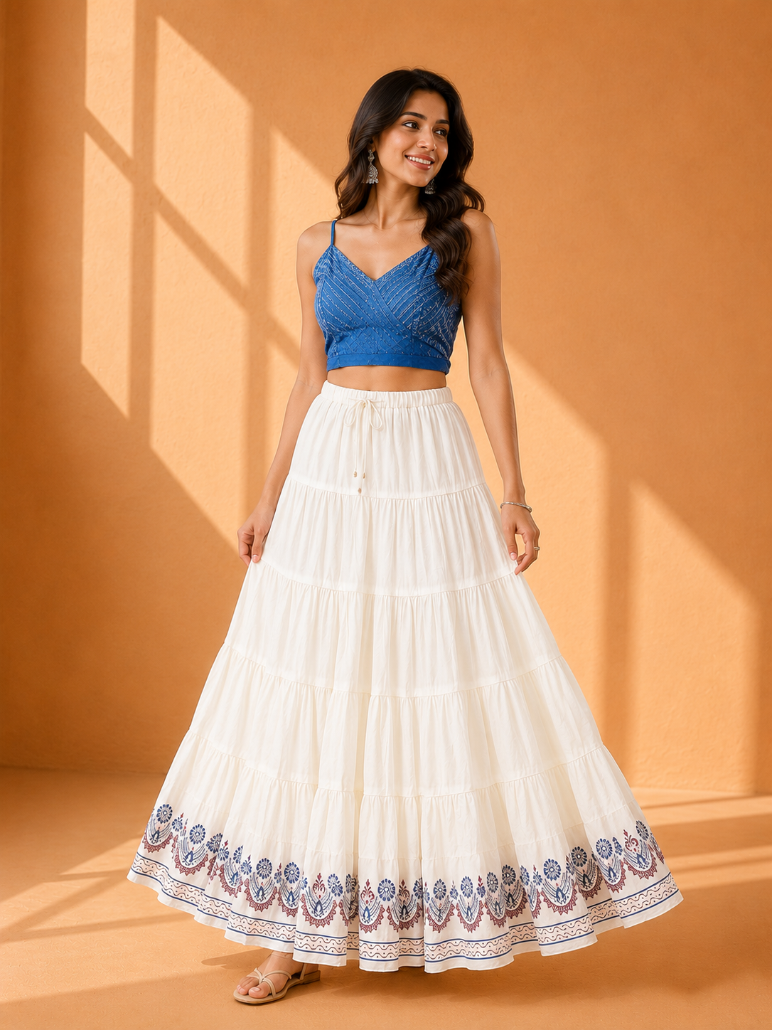 Cream Block Print 20Mtr Cotton Skirt