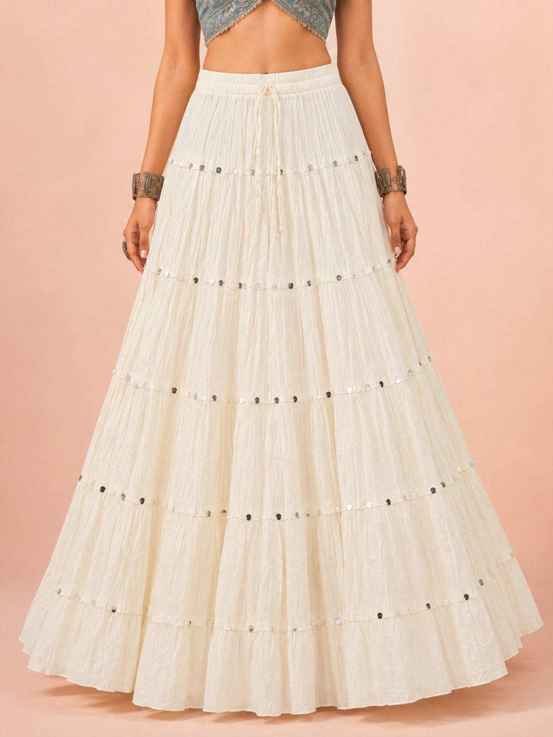 Cream Cotton Solid Silver Sequin 10mtr Skirt