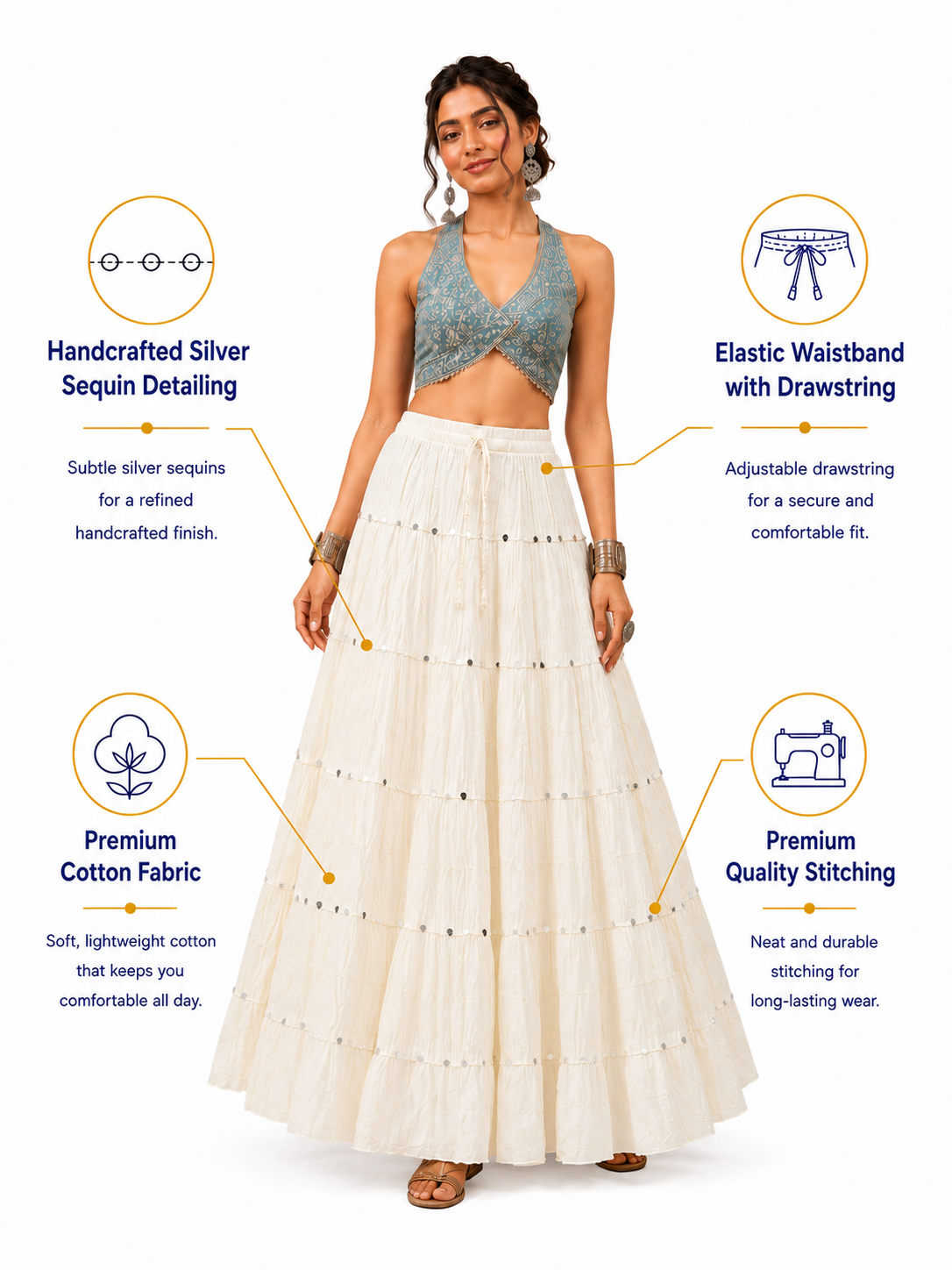 Cream Cotton Solid Silver Sequin 10mtr Skirt