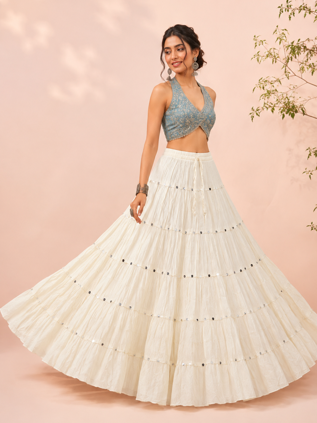 Cream Cotton Solid Silver Sequin 10mtr Skirt