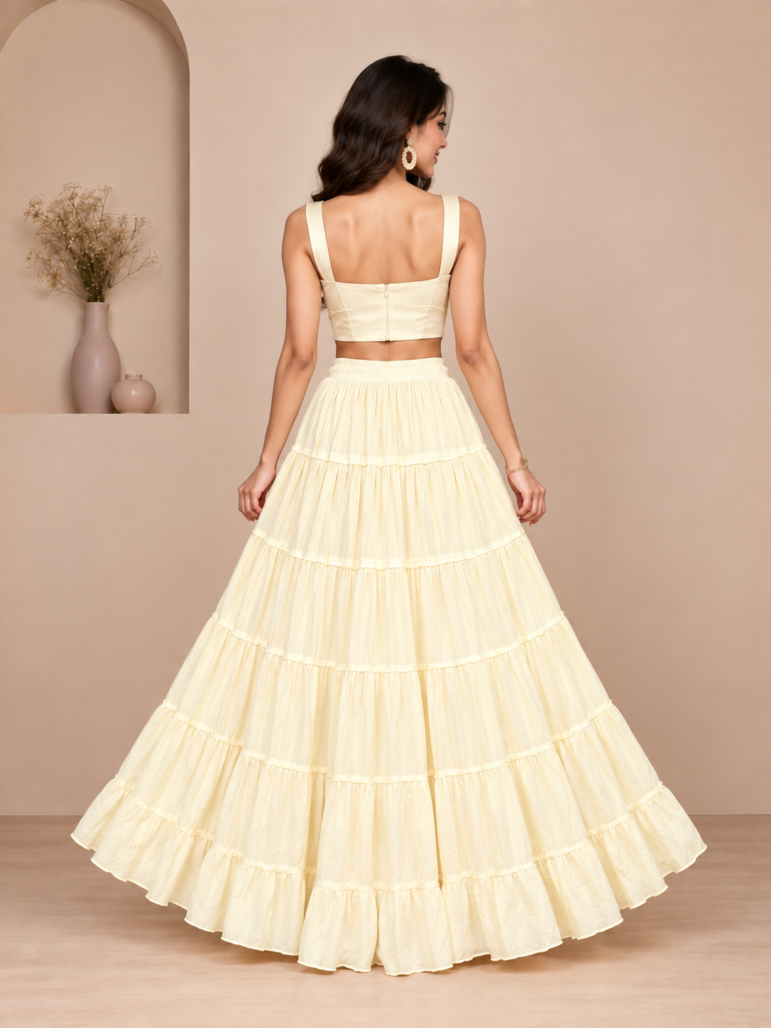 Cream Cotton Solid Flared Skirt