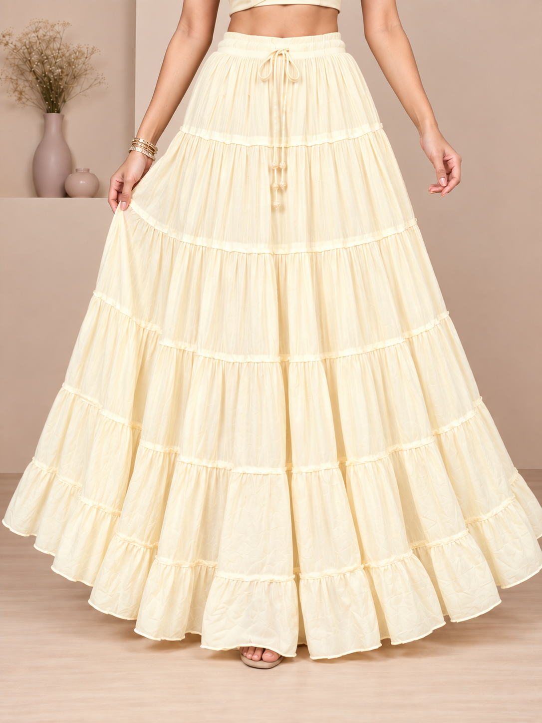 Cream Cotton Solid Flared Skirt