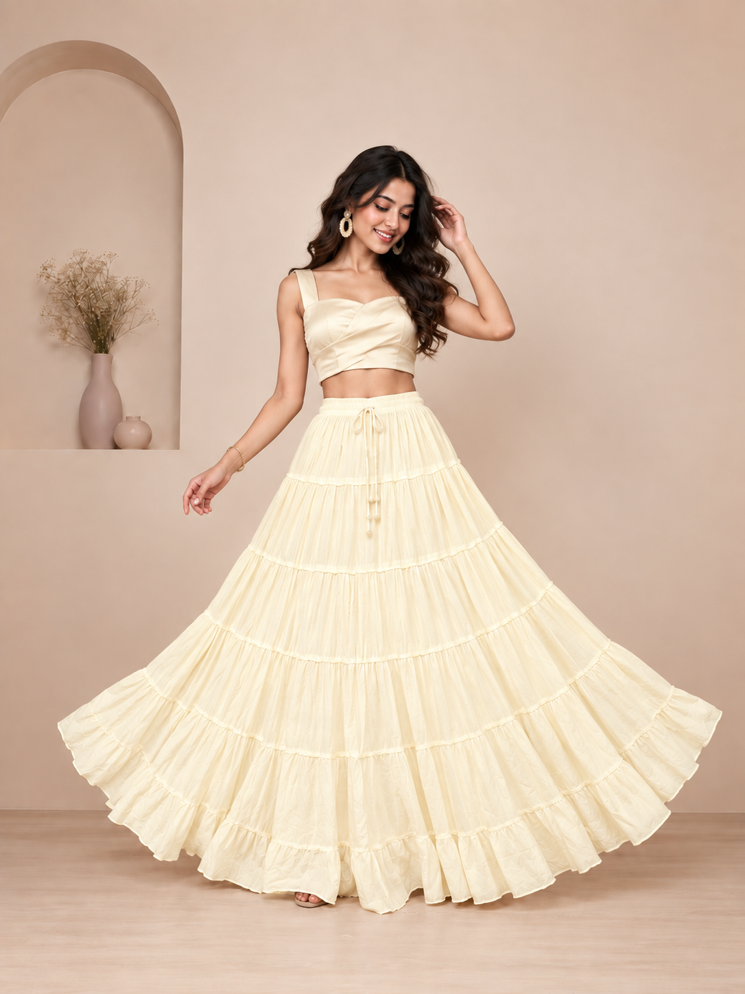 Cream Cotton Solid Flared Skirt