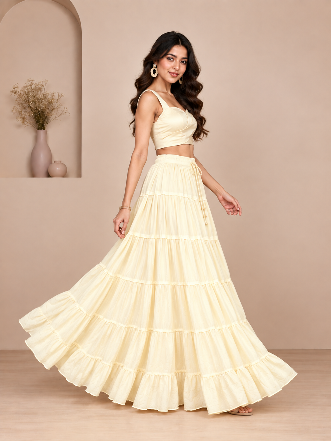 Cream Cotton Solid Flared Skirt