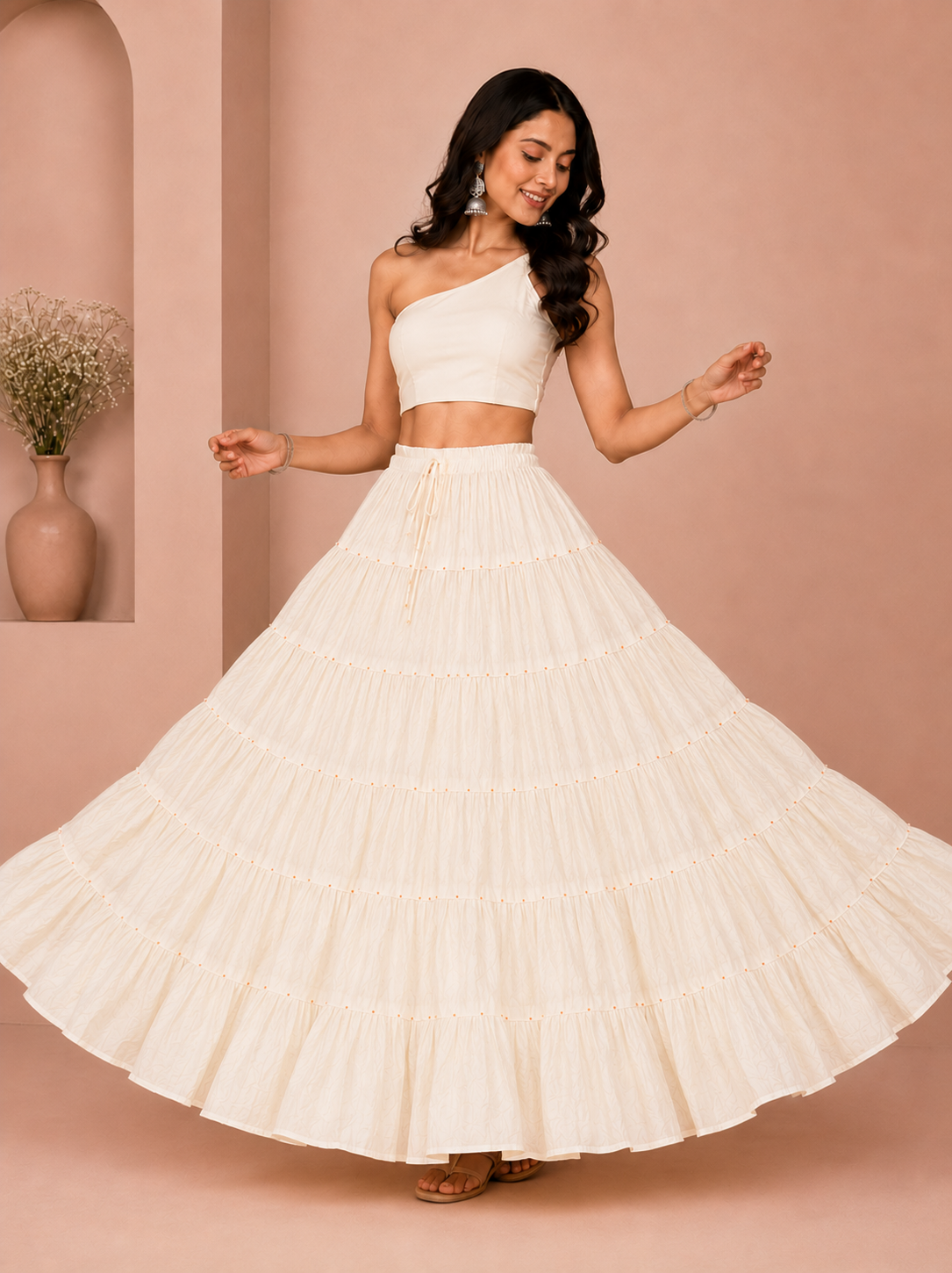 Cream Cotton Gold Beads Skirt