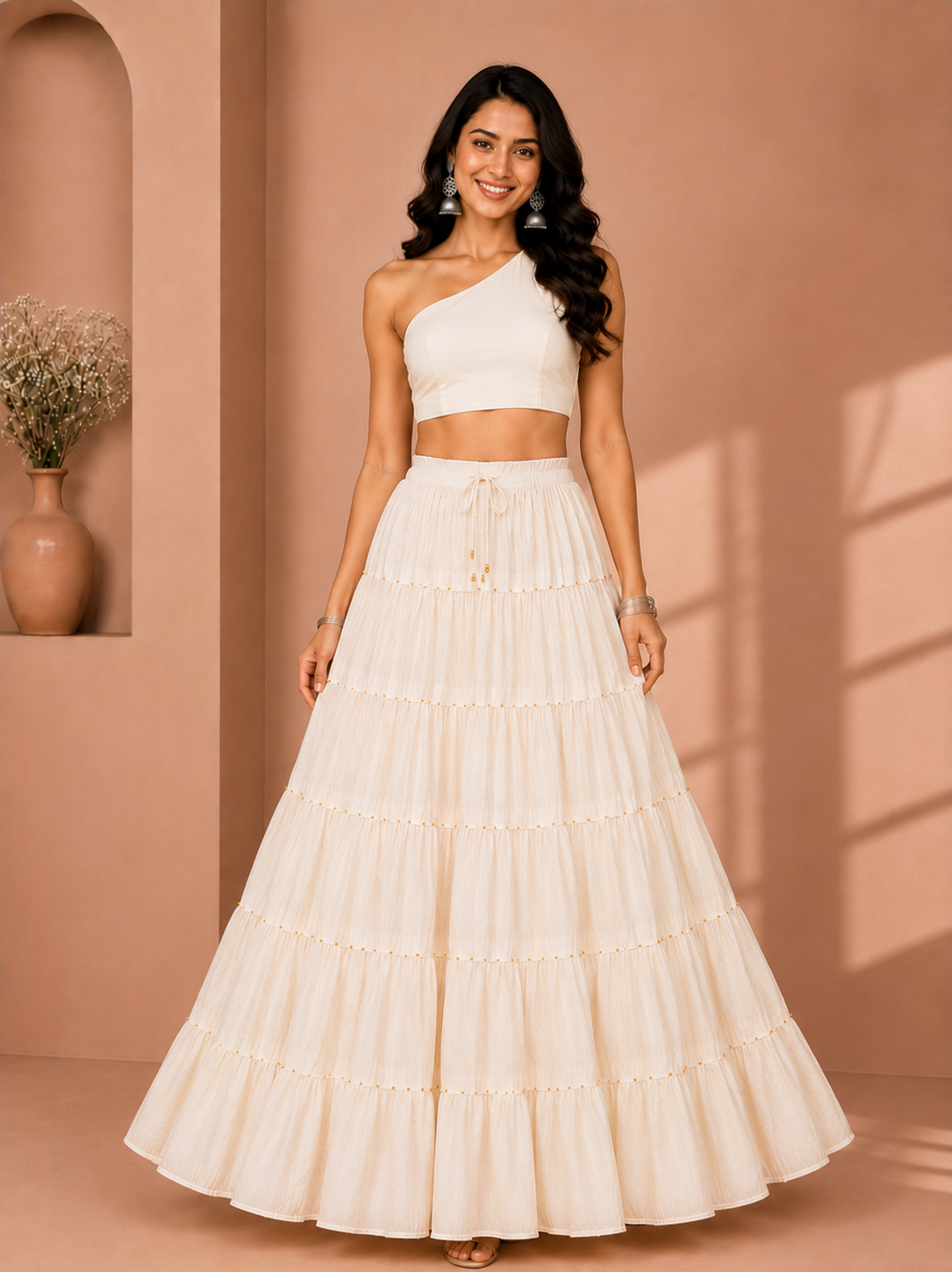 Cream Cotton Gold Beads Skirt