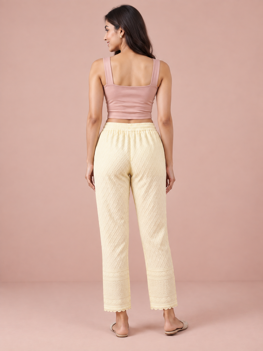 Cream Rayon Chikan Pant