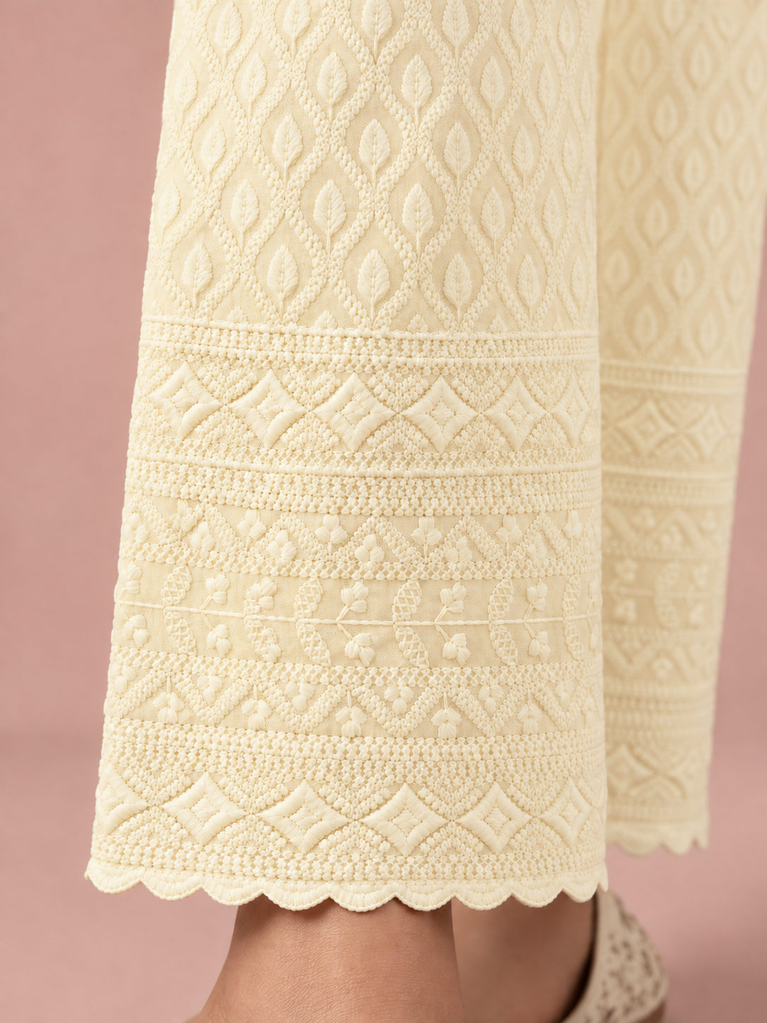 Cream Rayon Chikan Pant