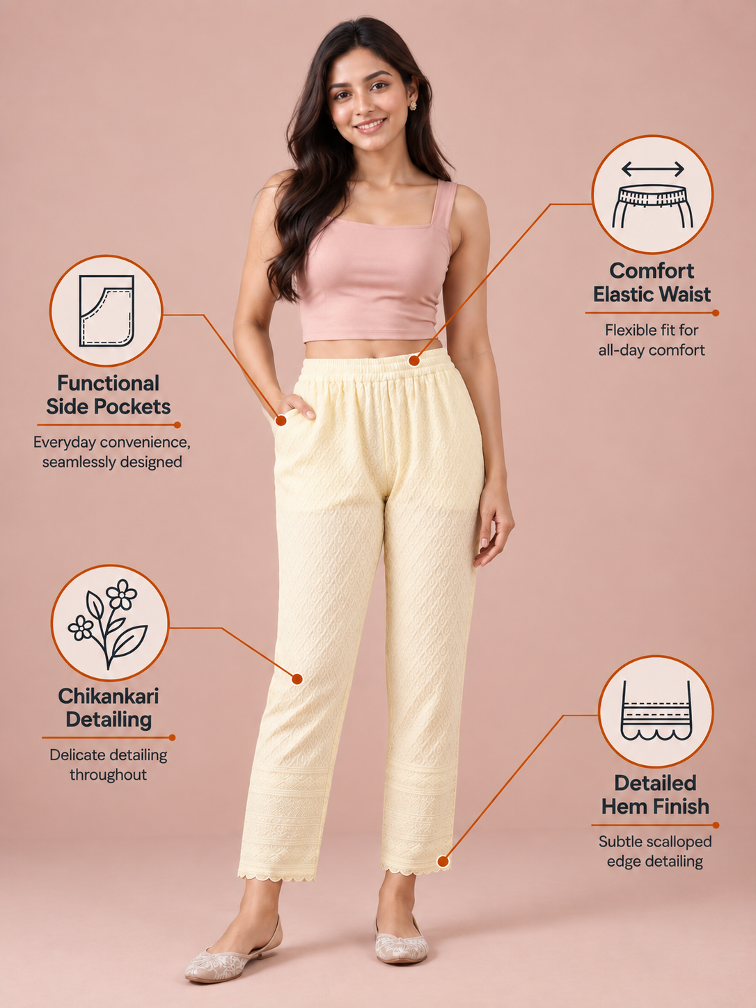 Cream Rayon Chikan Pant