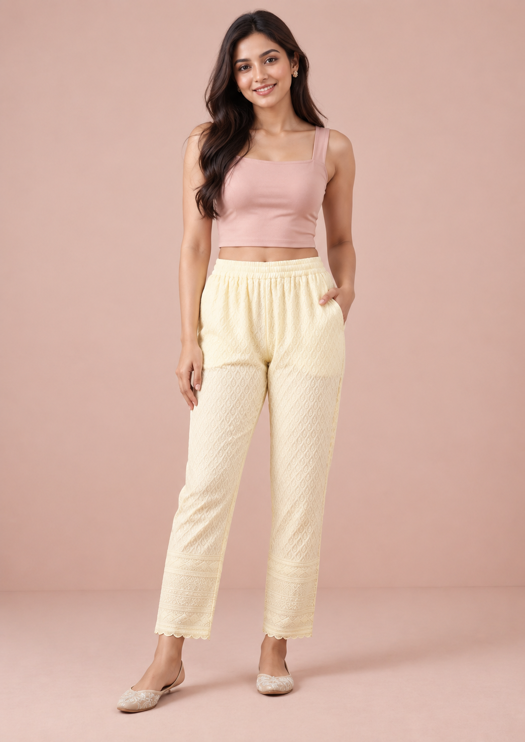 Cream Rayon Chikan Pant