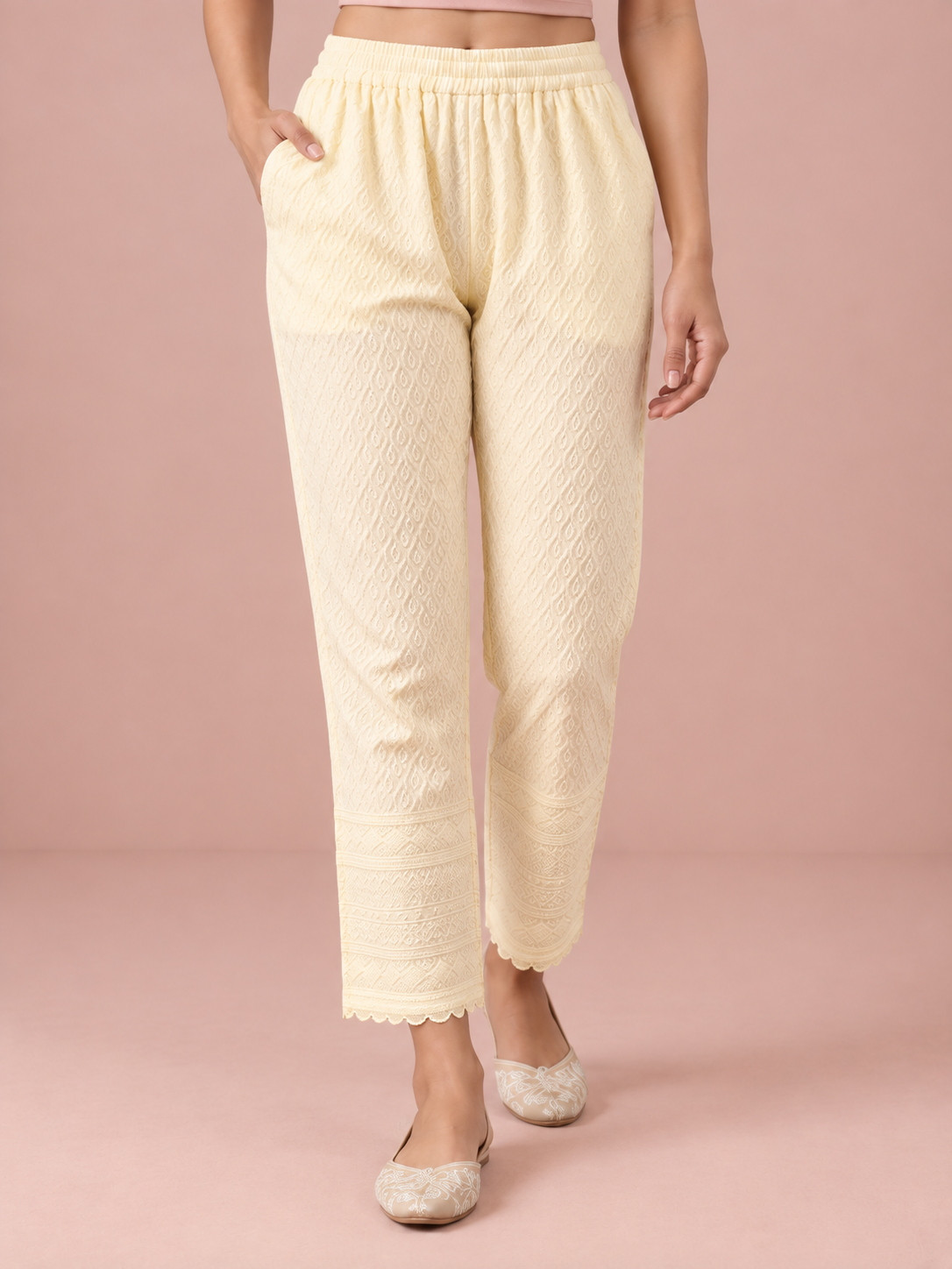 Cream Rayon Chikan Pant