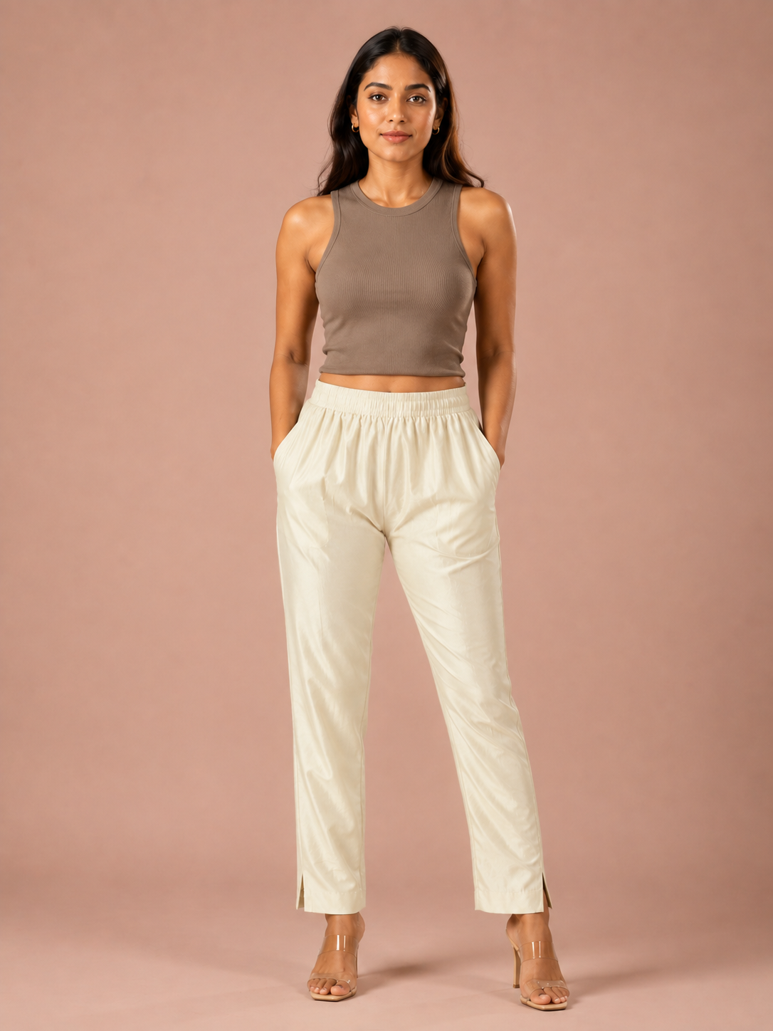 Cream Rayon Silk Pants