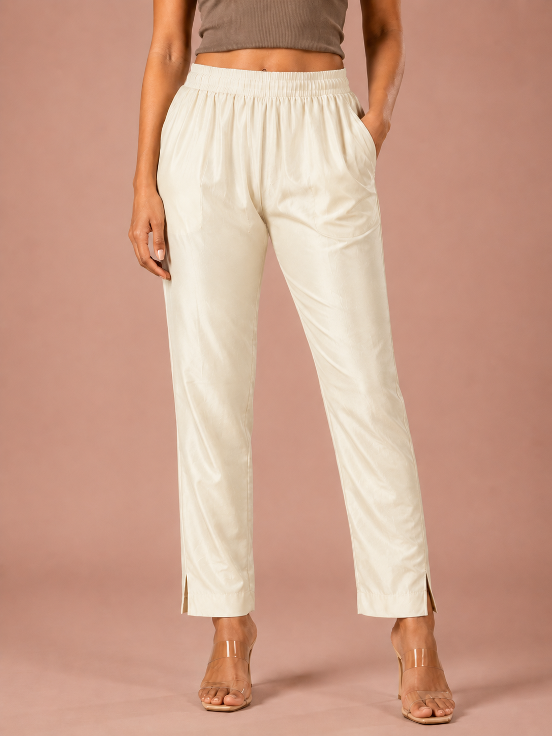 Cream Rayon Silk Pants