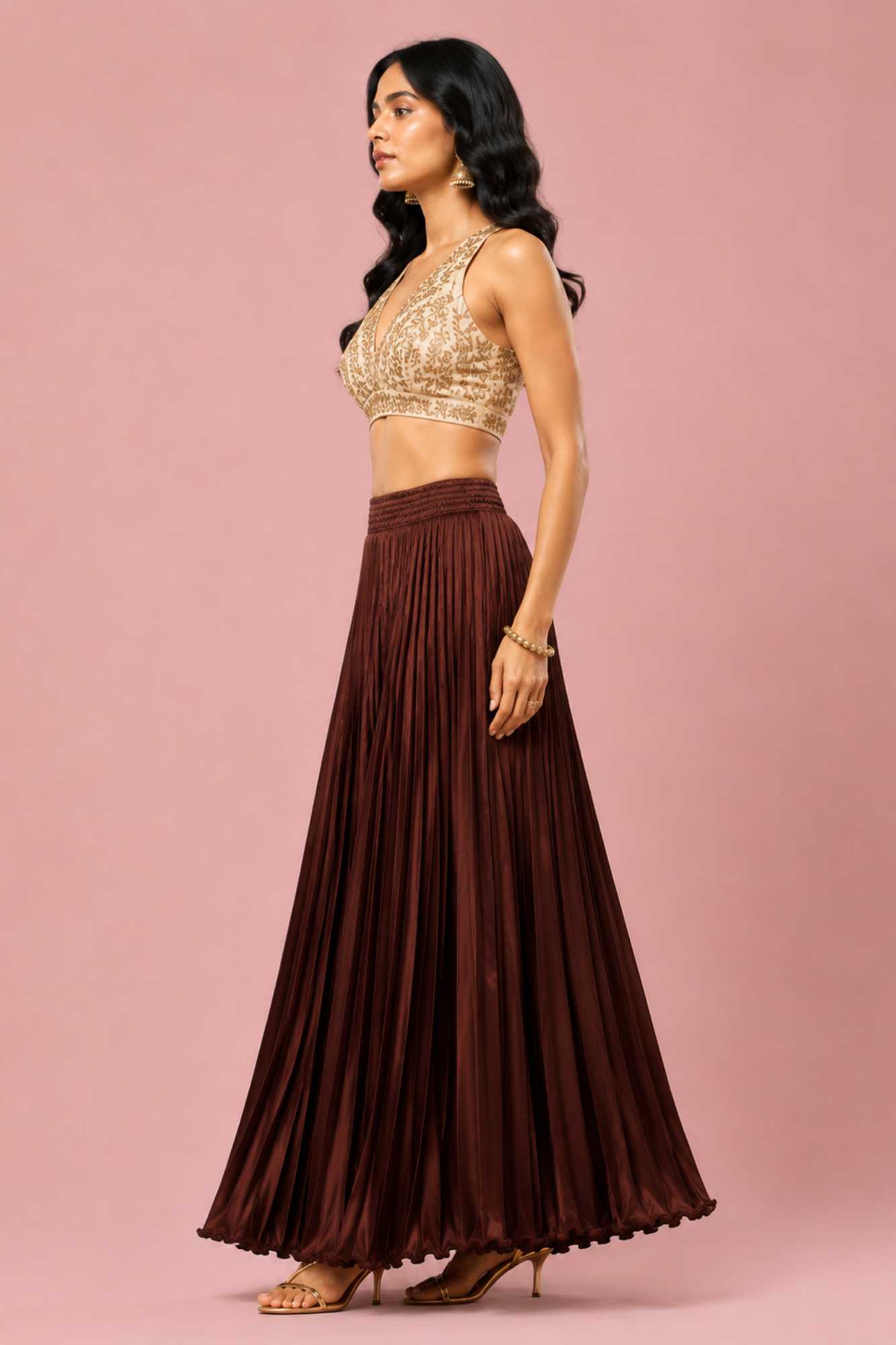 Brown Satin Silk Small Pleated - 344 Skirt