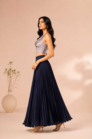Navy Satin Silk Small Pleated - 344 Skirt