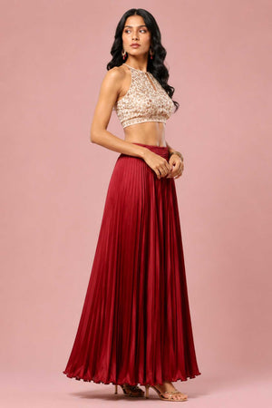 Maroon Satin Silk Small Pleated - 344 Skirt