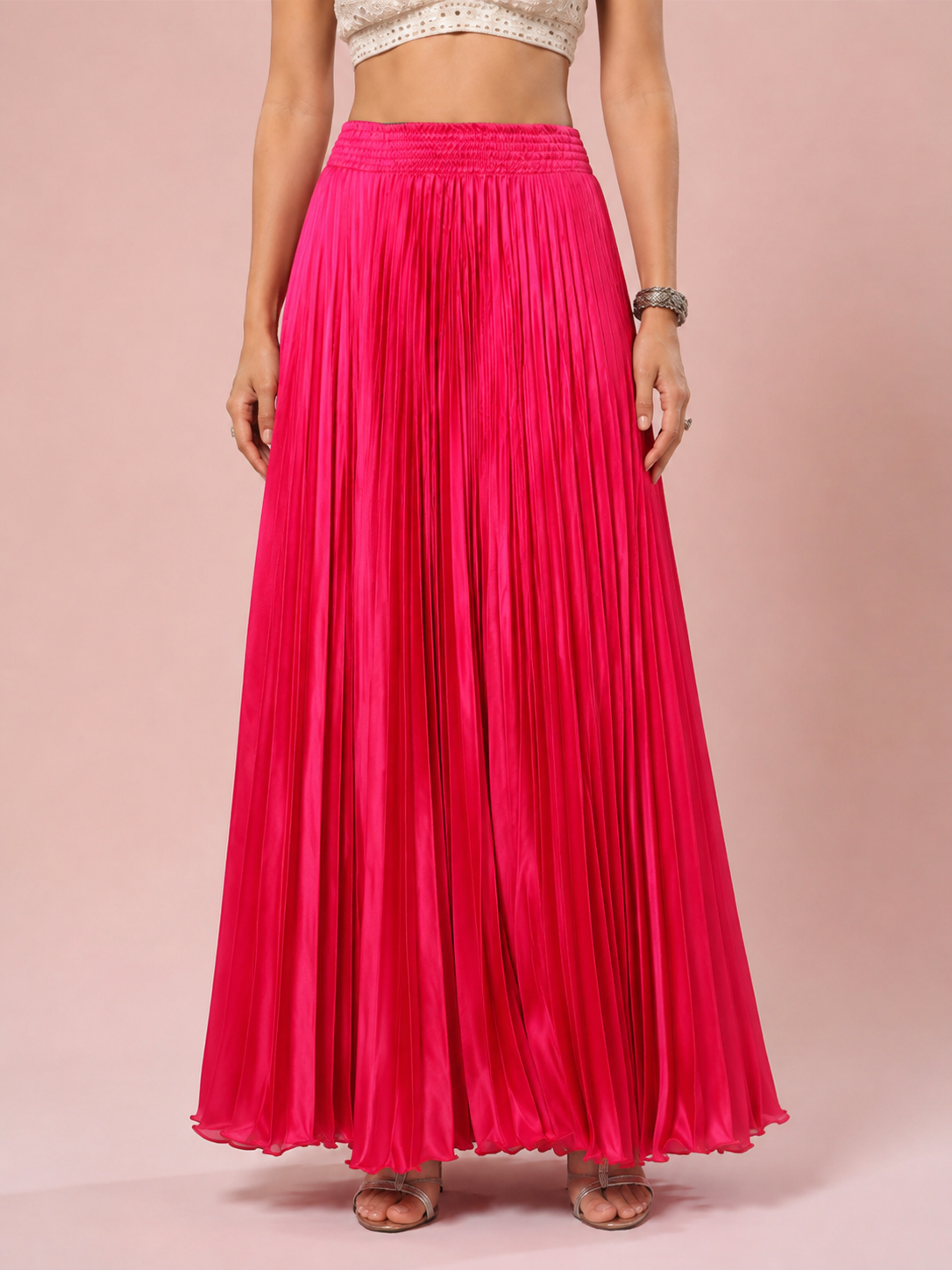 Fuscia Satin Silk Small Pleated Skirt