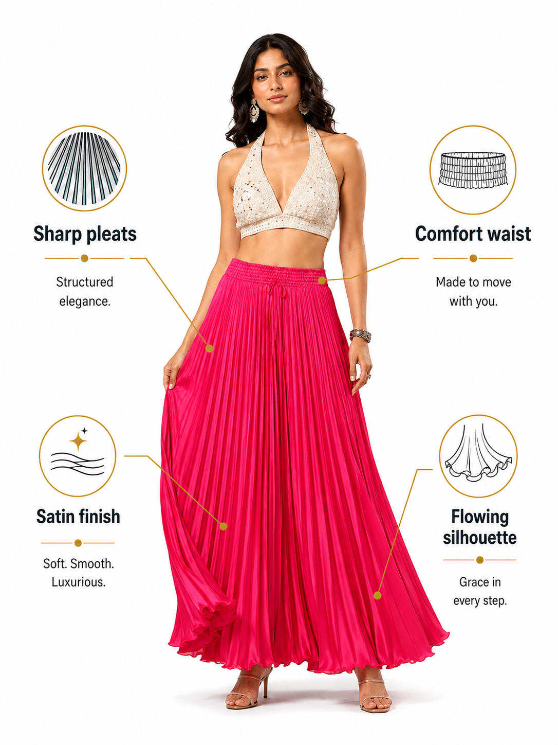Fuscia Satin Silk Small Pleated Skirt
