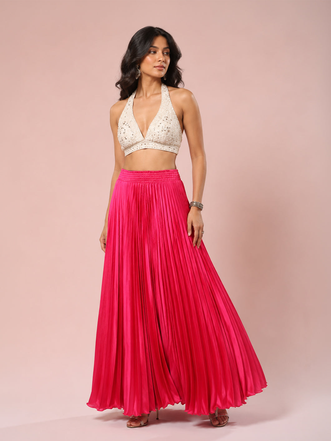Fuscia Satin Silk Small Pleated Skirt
