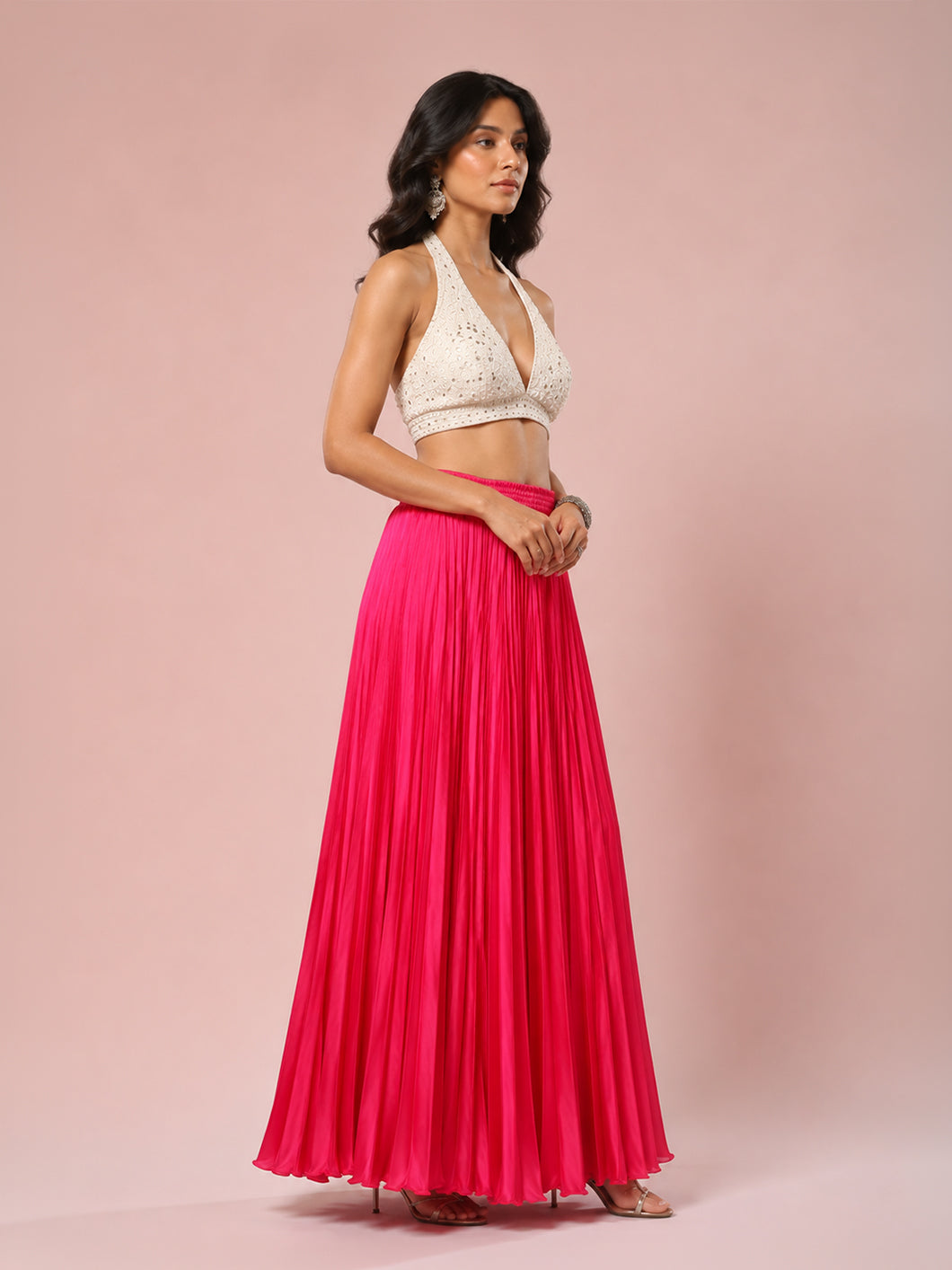 Fuscia Satin Silk Small Pleated Skirt