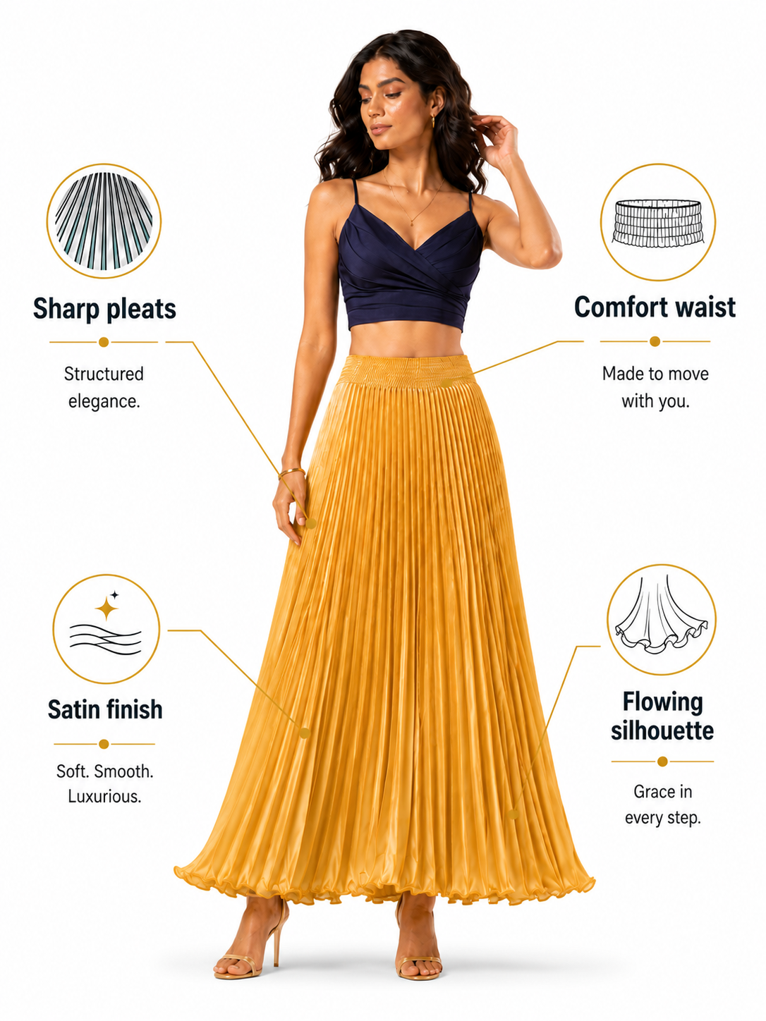 Gold Satin Silk Small Pleated Skirt