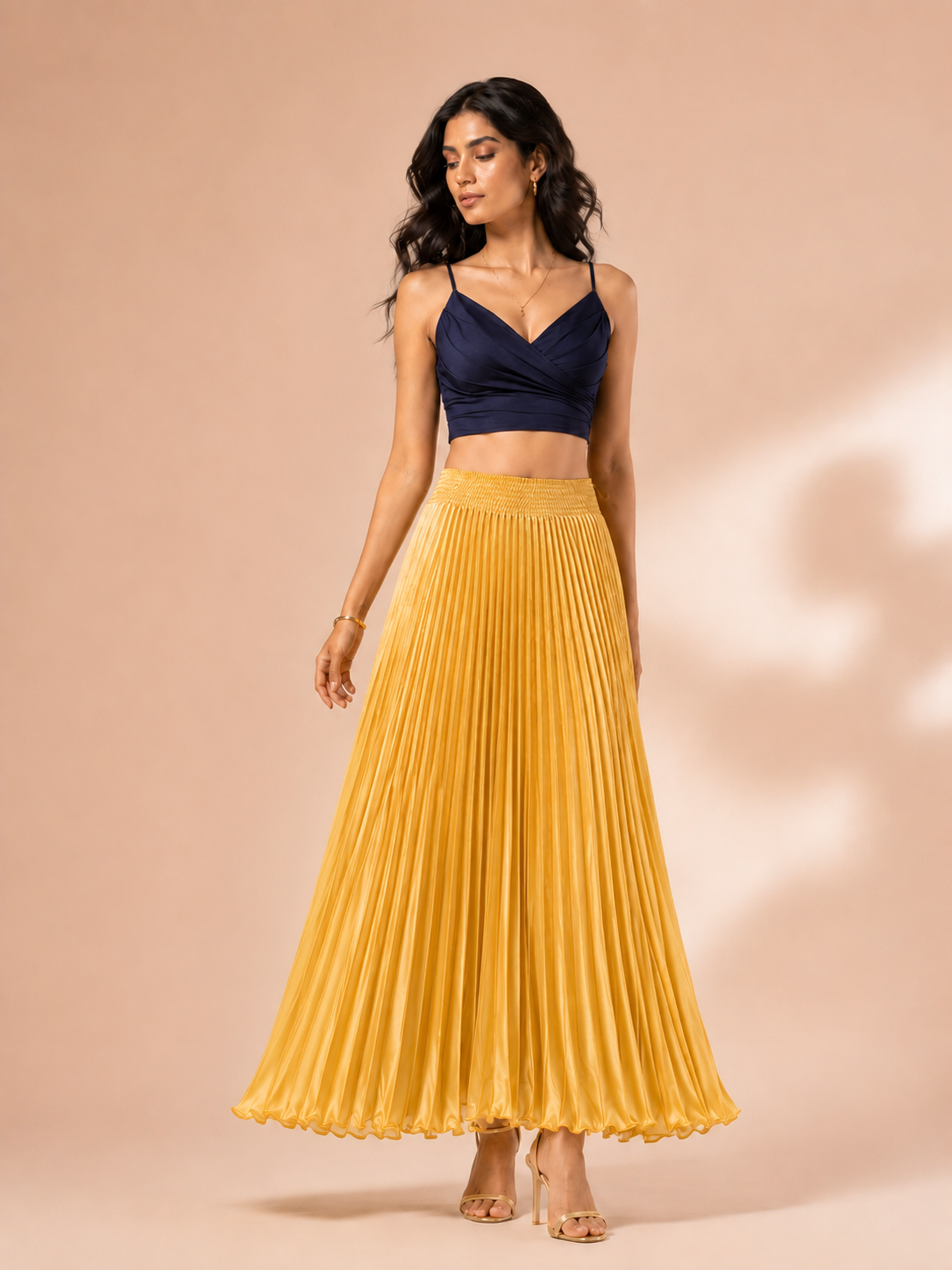 Gold Satin Silk Small Pleated Skirt