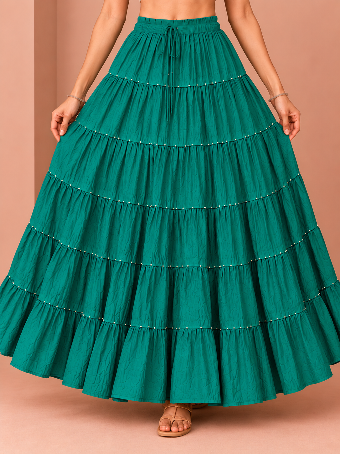 Green Cotton Skirt with Gold Beads