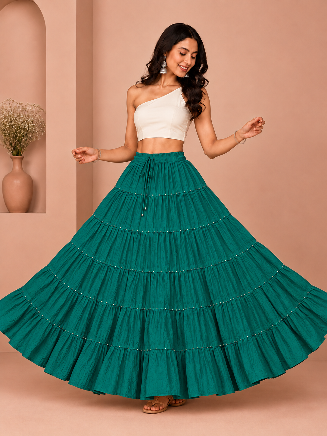 Green Cotton Skirt with Gold Beads
