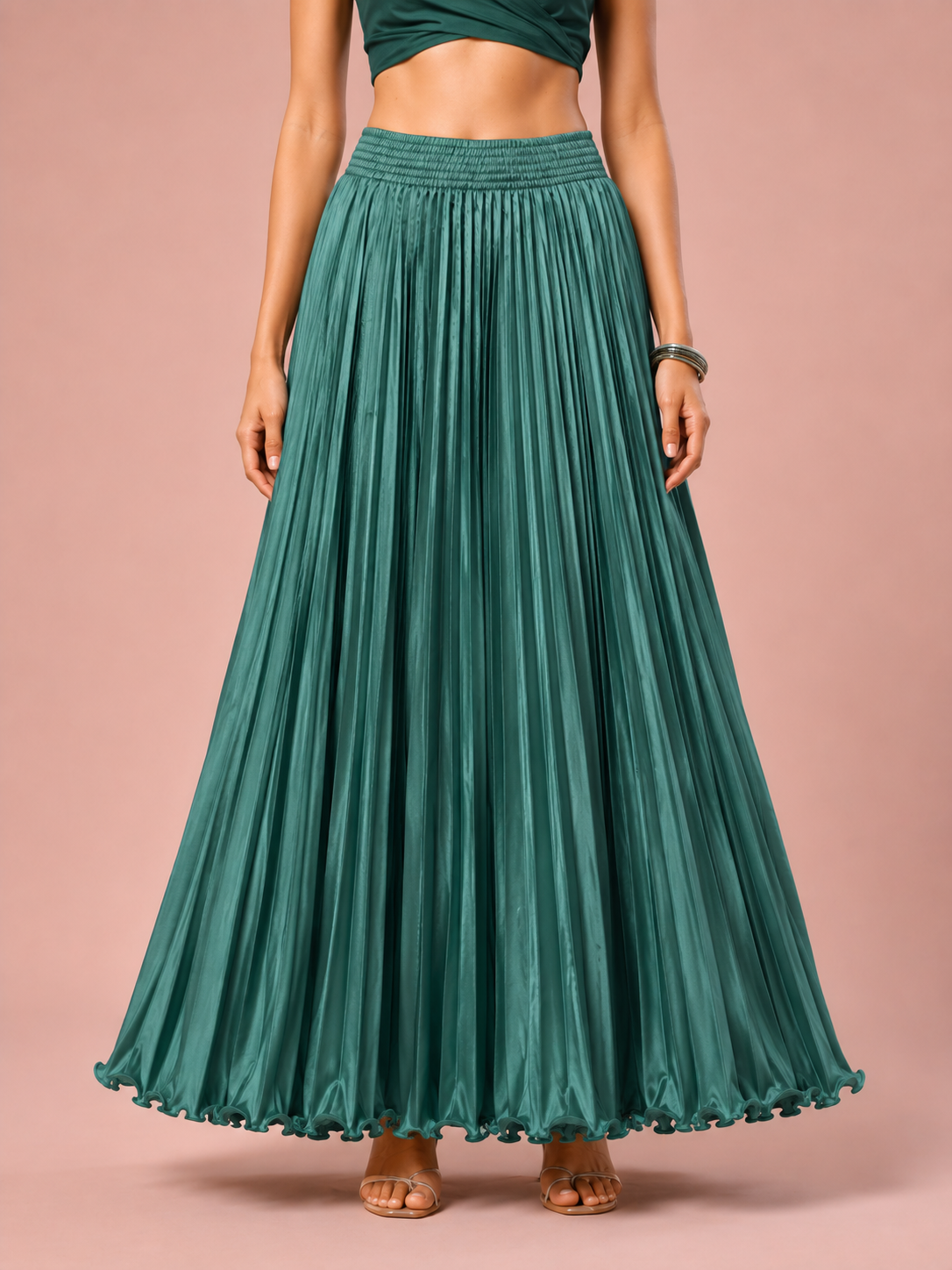 Green Satin Silk Small Pleated Skirt