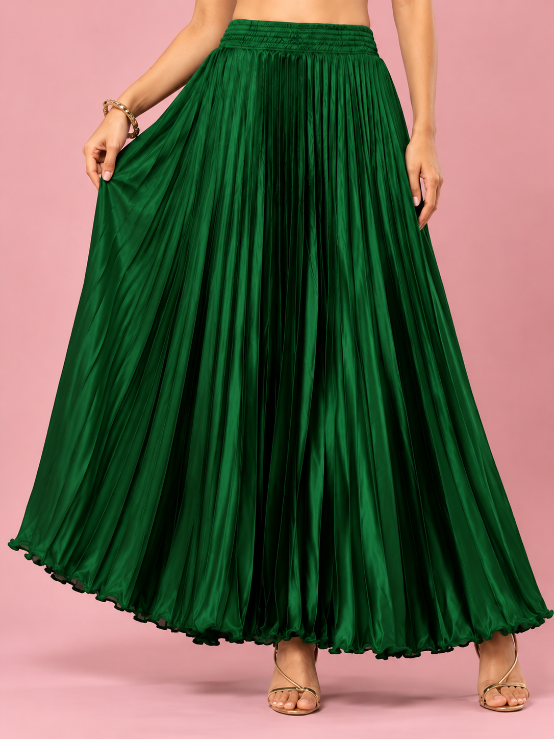 Green Satin Silk Small Pleated Skirt