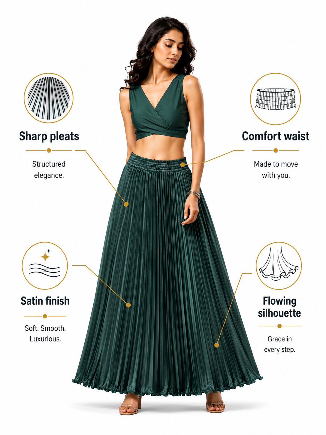 Green Satin Silk Small Pleated Skirt