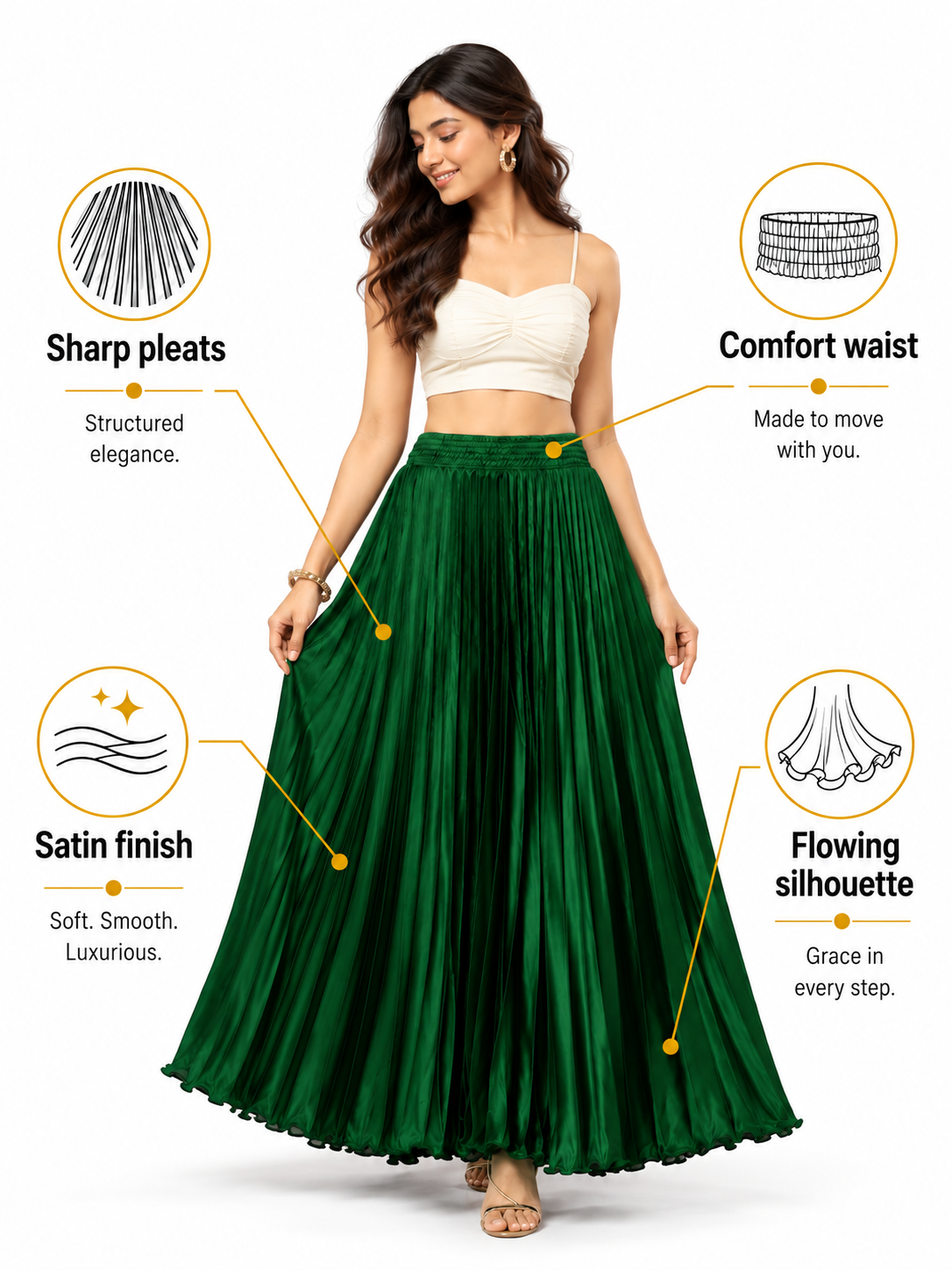 Green Satin Silk Small Pleated Skirt