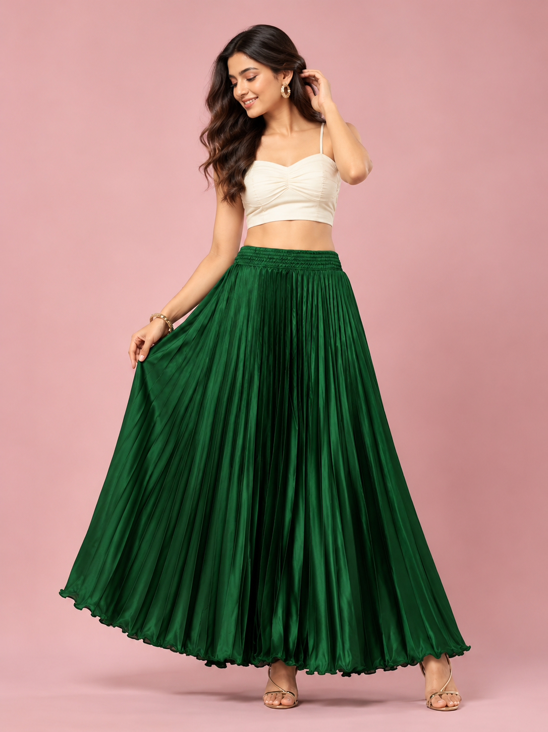 Green Satin Silk Small Pleated Skirt