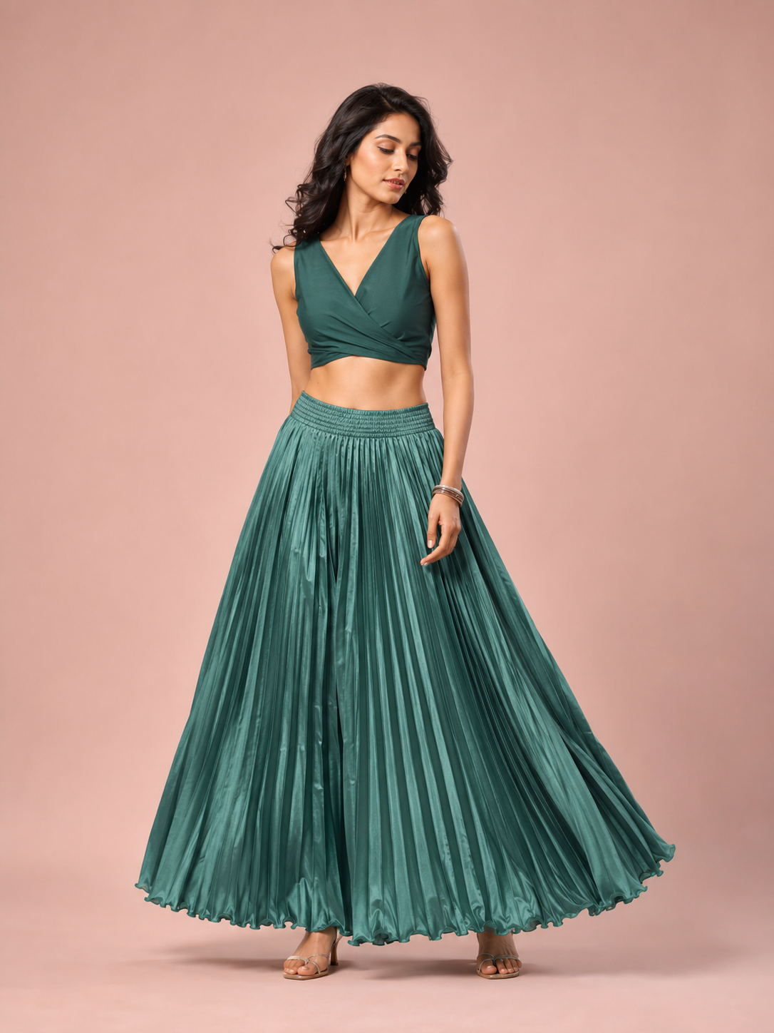 Green Satin Silk Small Pleated Skirt