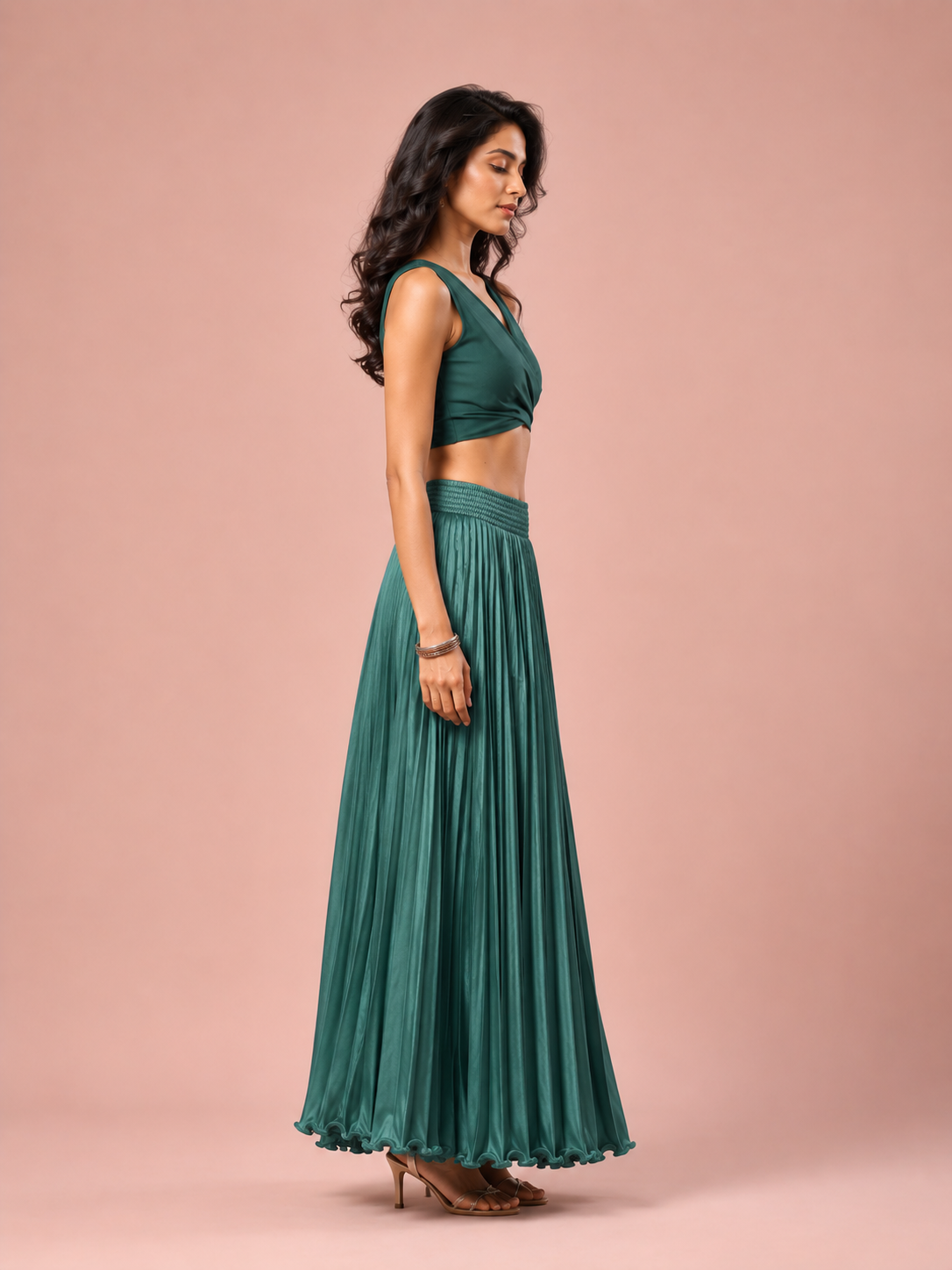 Green Satin Silk Small Pleated Skirt
