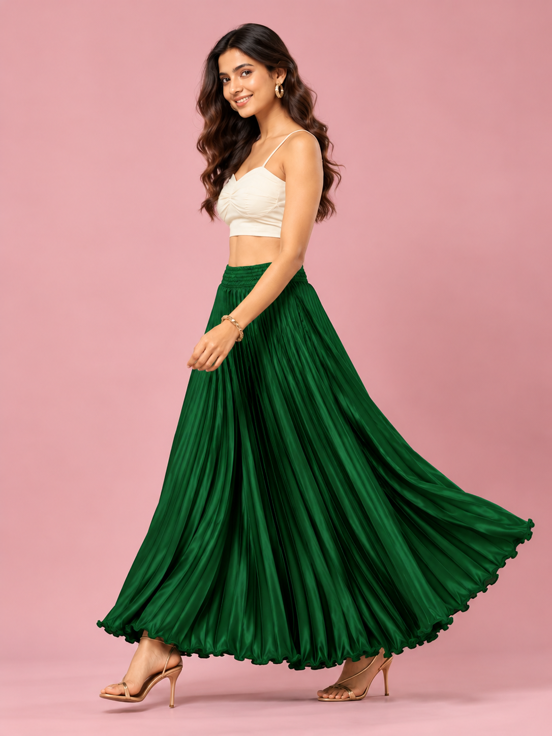 Green Satin Silk Small Pleated Skirt