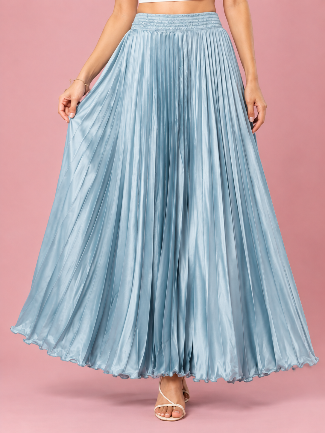 Light Grey Satin Silk Small Pleated Skirt