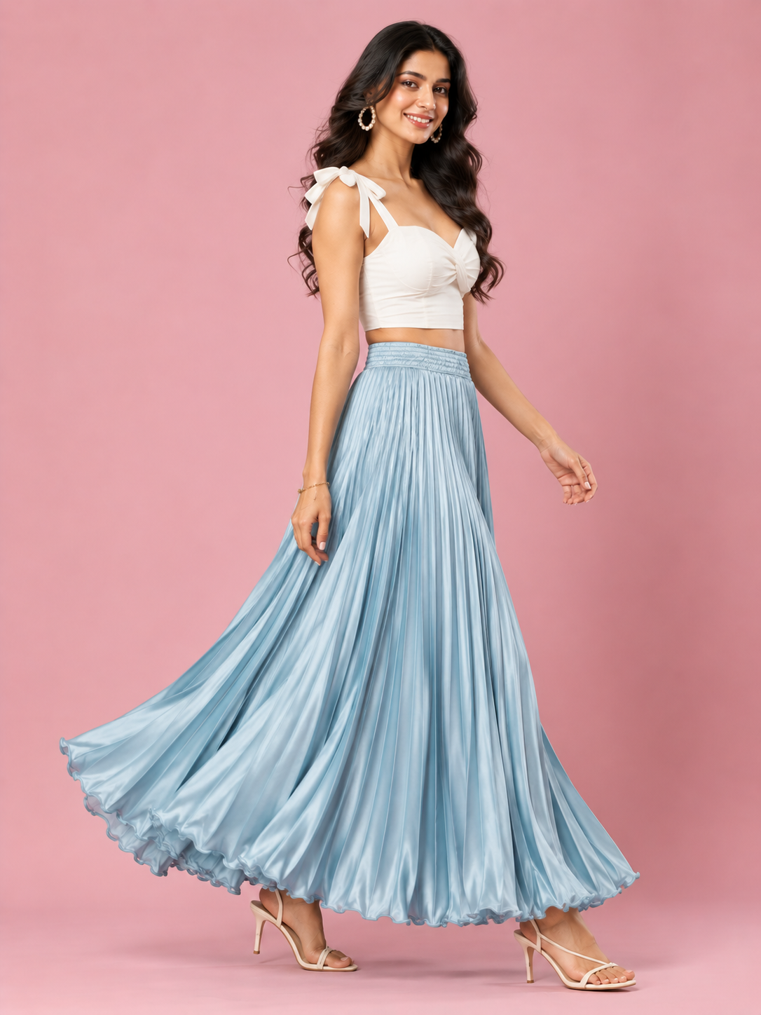 Light Grey Satin Silk Small Pleated Skirt
