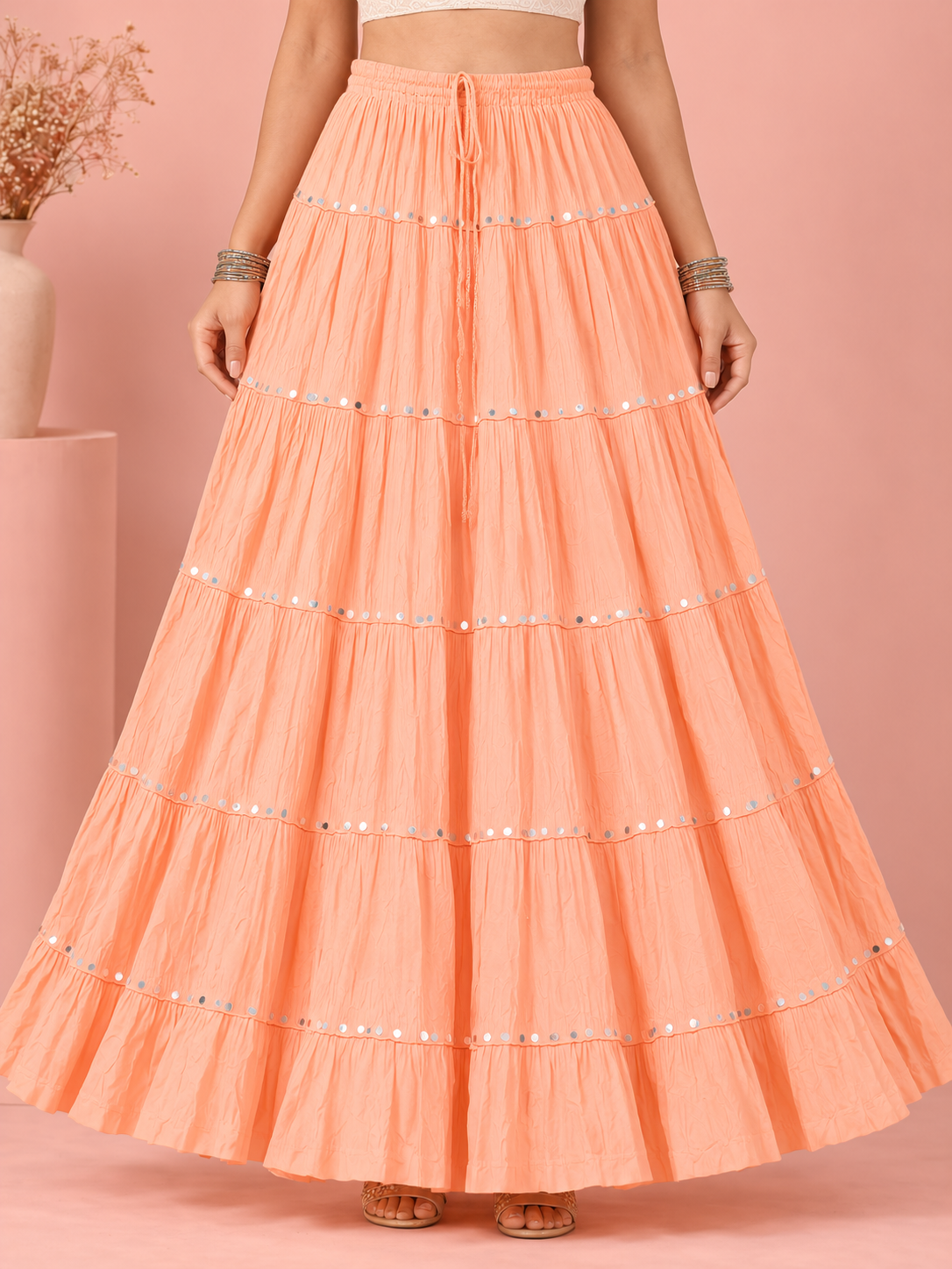 Light Peach Cotton Solid Silver Sequin 10mtr Skirt