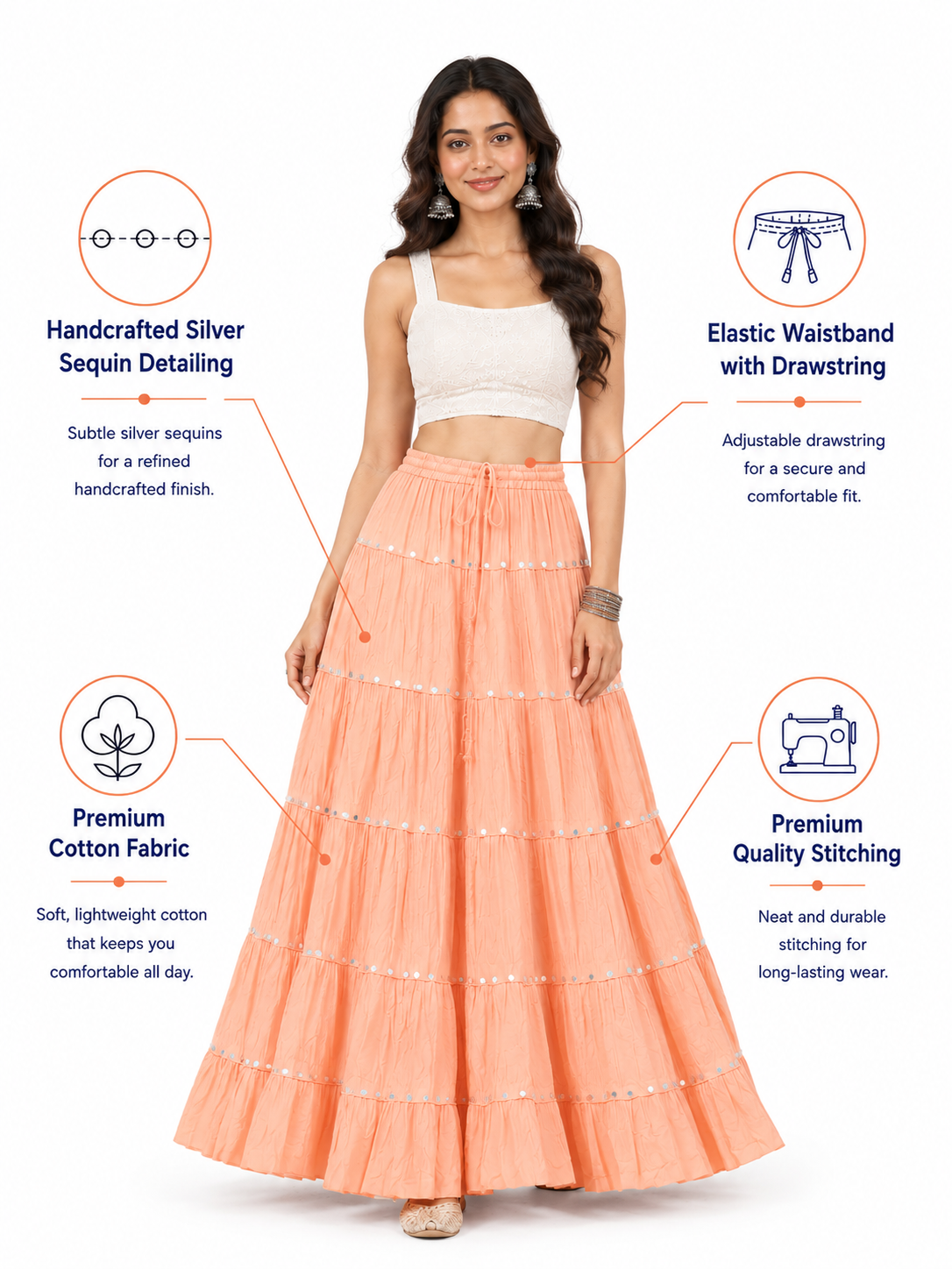 Light Peach Cotton Solid Silver Sequin 10mtr Skirt