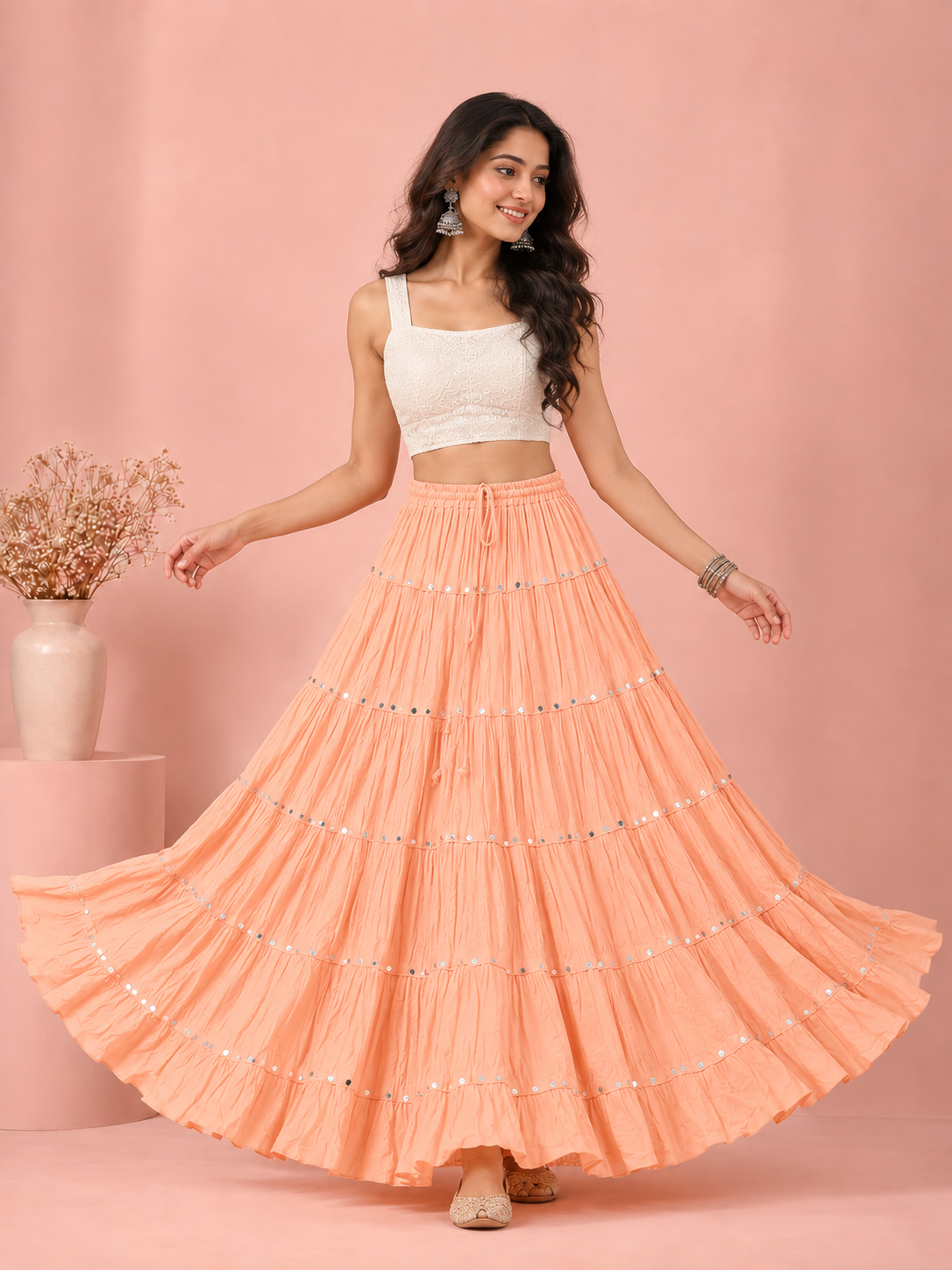 Light Peach Cotton Solid Silver Sequin 10mtr Skirt