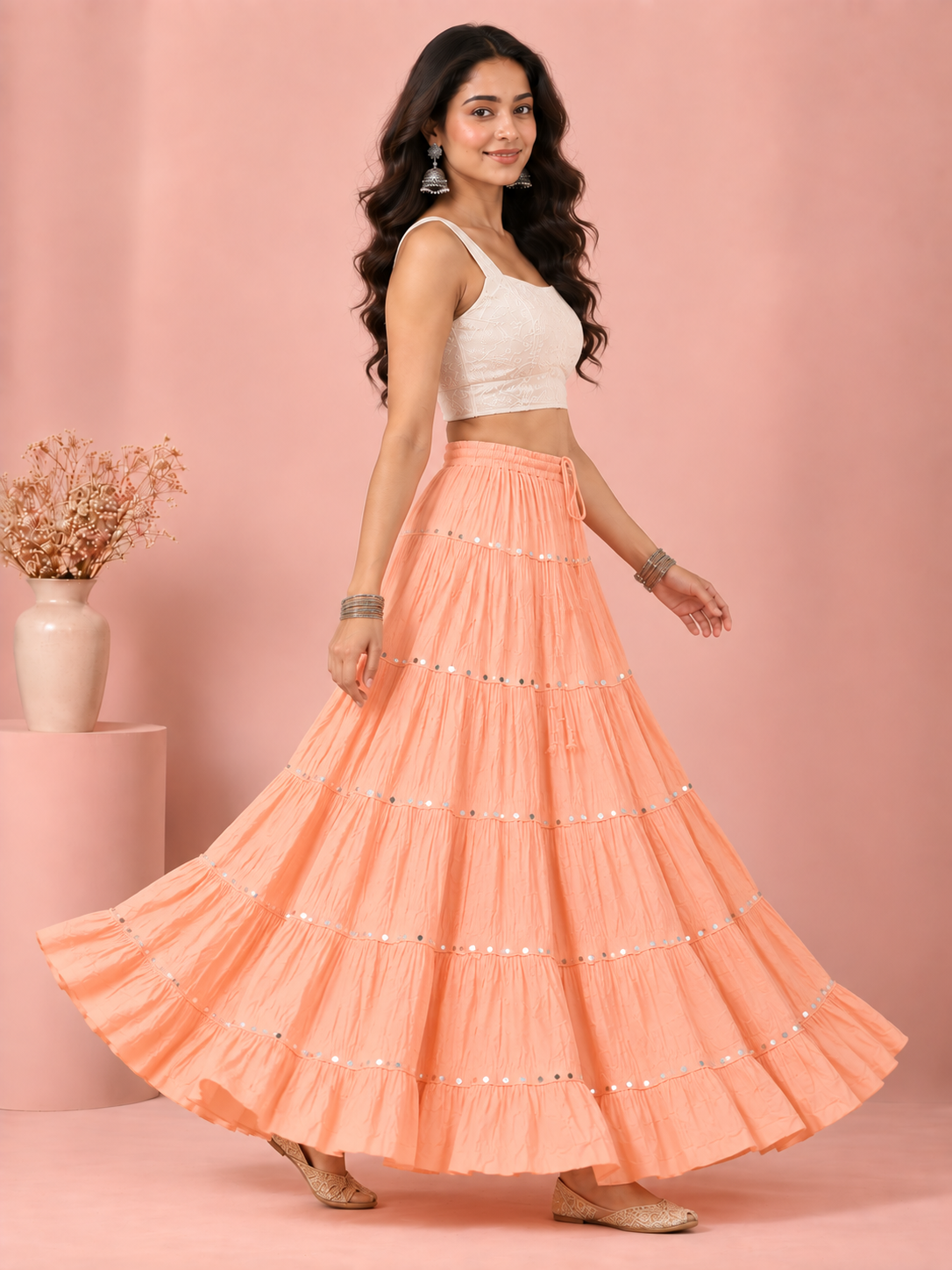 Light Peach Cotton Solid Silver Sequin 10mtr Skirt