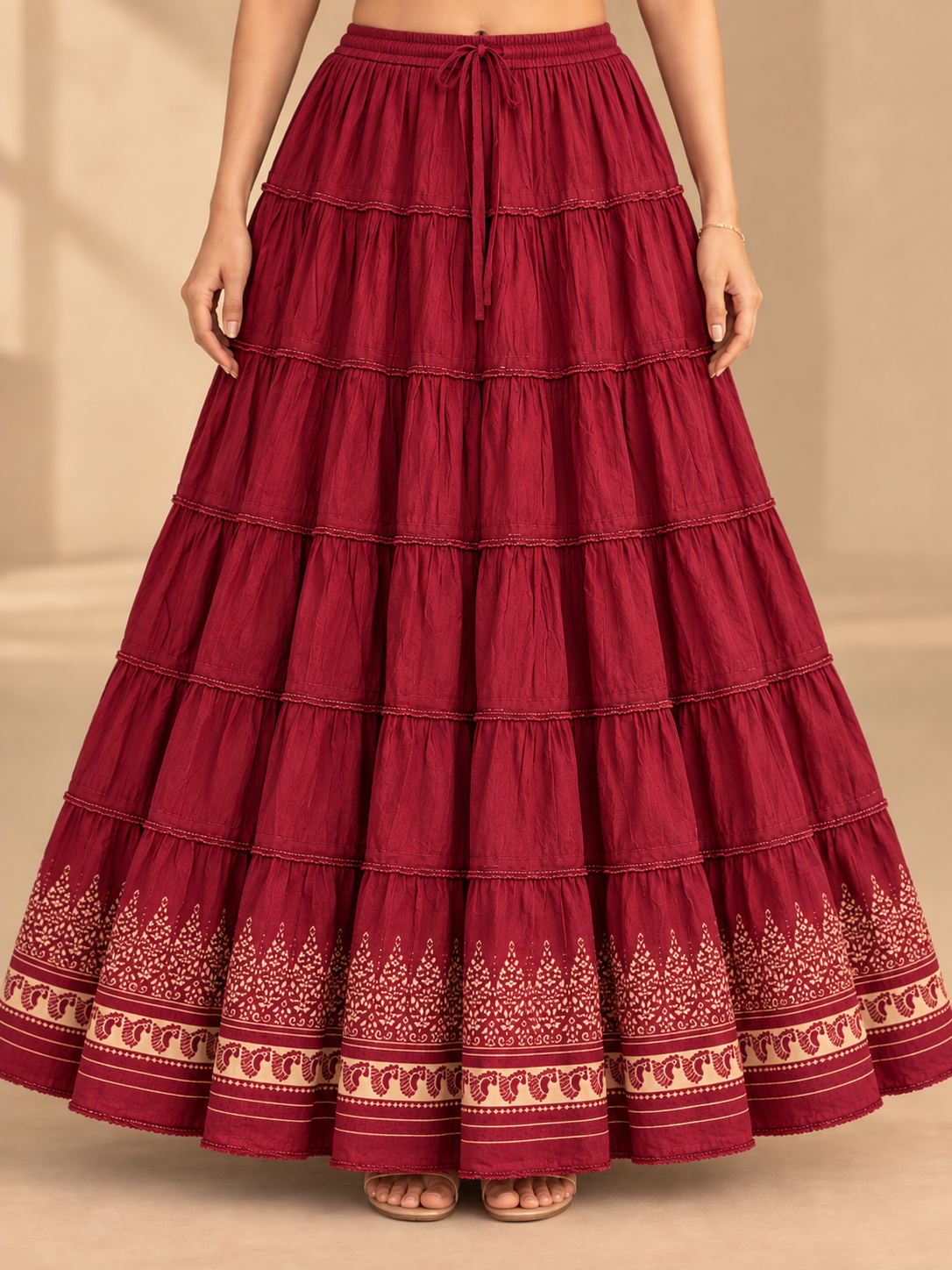 Maroon Block Print 20Mtr Cotton Skirt