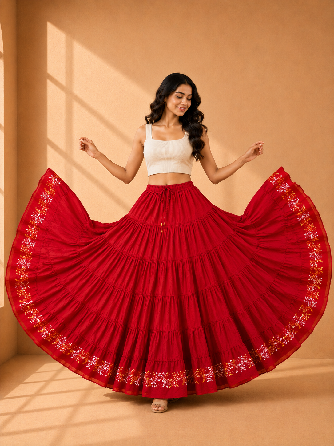 Maroon Block Print 20Mtr Cotton Skirt